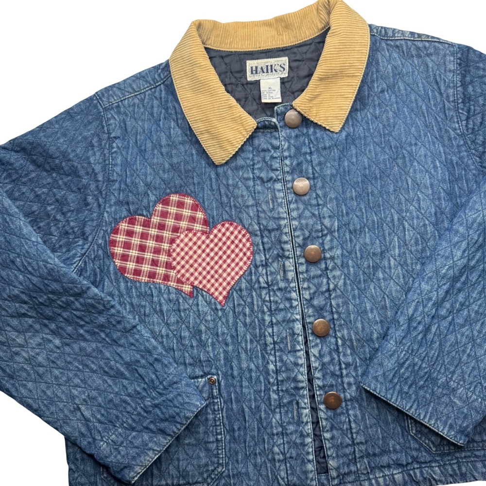 Vintage Quilted Denim Barn Jacket Womens XL Heart Collar Cottagecore cotton fall